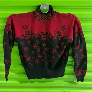 Demetre Vintage Red Black Wildflower Wool Blend Mock Neck Sweater 8144 Small